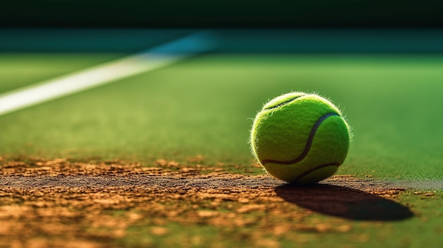 Uma bola de tênis na quadra com fundo verde