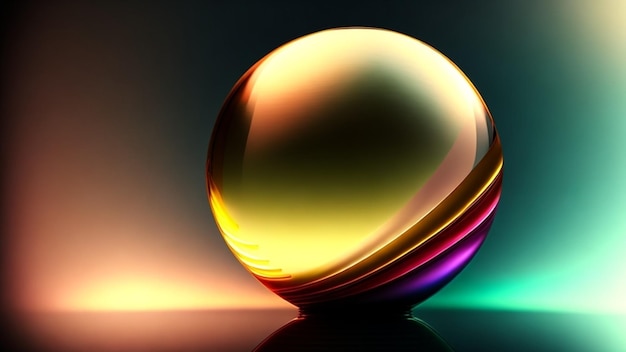 Uma bola de vidro colorida em uma superfície reflexiva