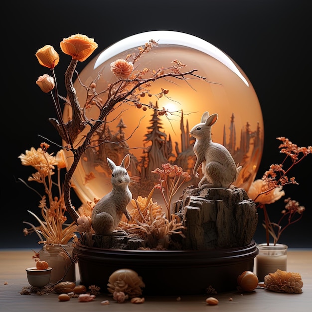 uma bola de vidro com animais e árvores nela