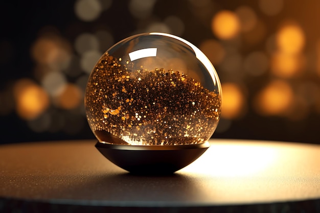 Uma bola de vidro com brilhos dourados no centro
