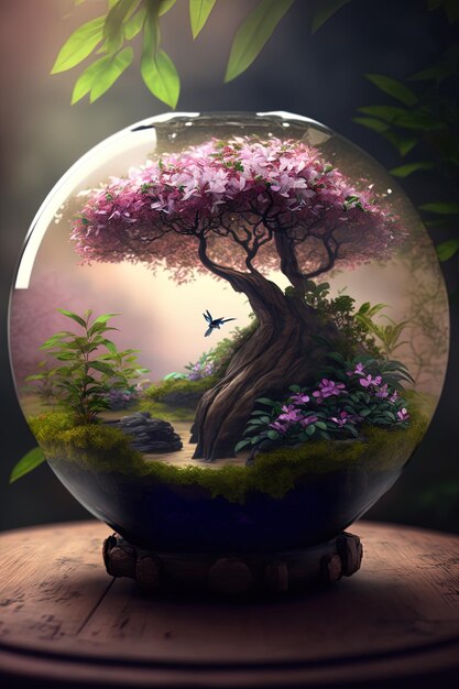 uma bola de vidro com uma árvore e um pássaro nela