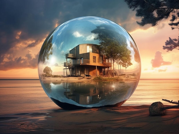 Uma bola de vidro com uma casa e o céu laranja e o sol se pondo.