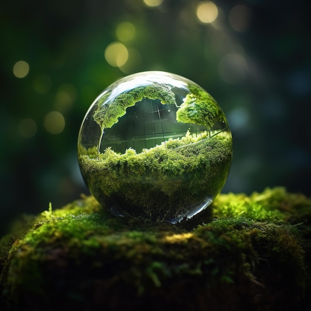 Uma bola de vidro com uma floresta dentro e uma árvore sobre ela.