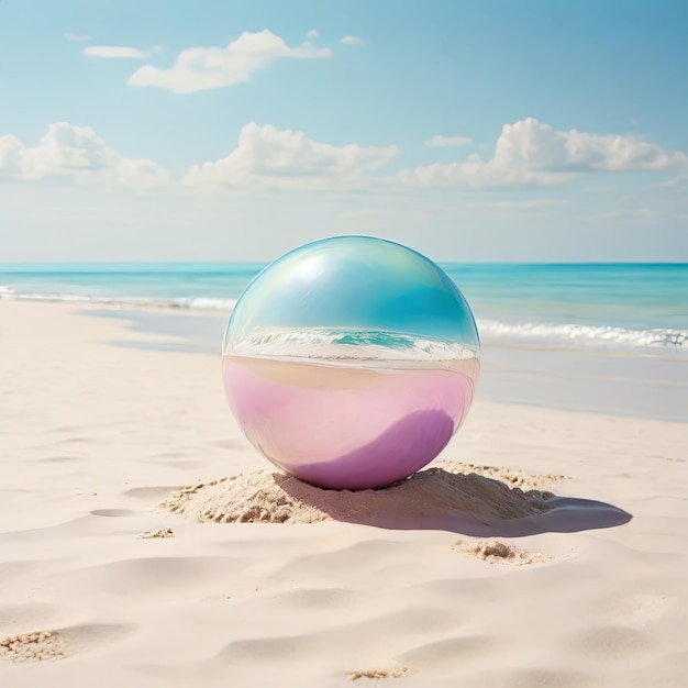 Foto uma bola de vidro de cristal na areia da praia