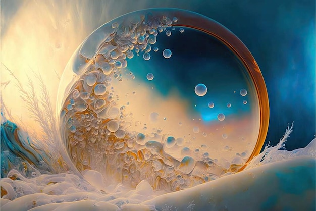 Uma bola de vidro é mostrada com a palavra "água" nela.
