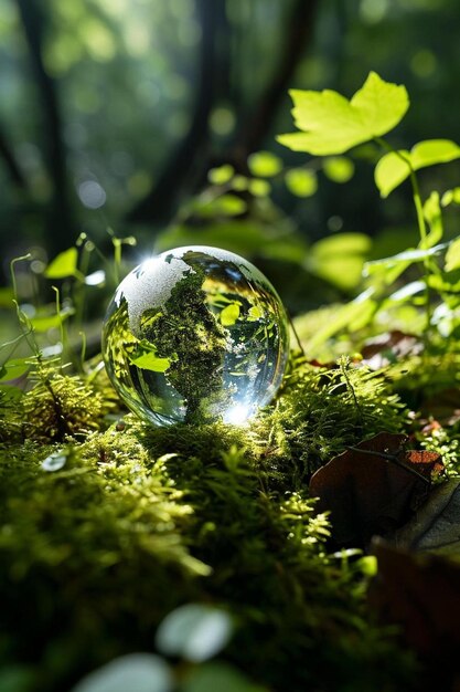 uma bola de vidro no topo de uma floresta verdejante