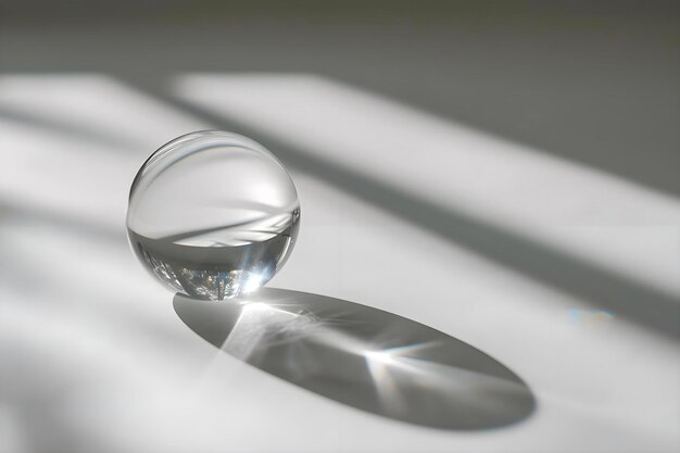 uma bola de vidro sentada em cima de uma mesa branca