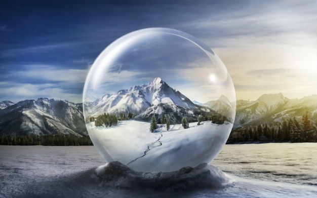 Uma bola de vidro transparente e dentro de uma paisagem com montanhas e neve Inverno