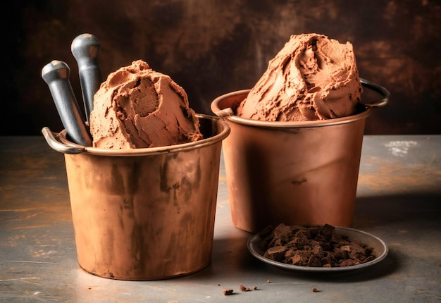 Foto uma bola grande de sorvete de chocolate em dois recipientes