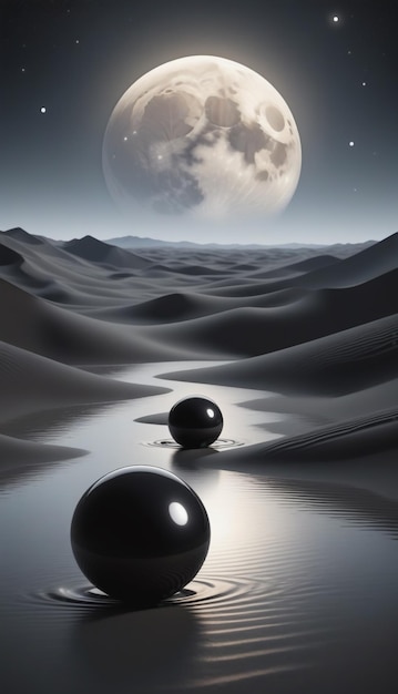 uma bola preta senta-se no meio de uma paisagem desértica