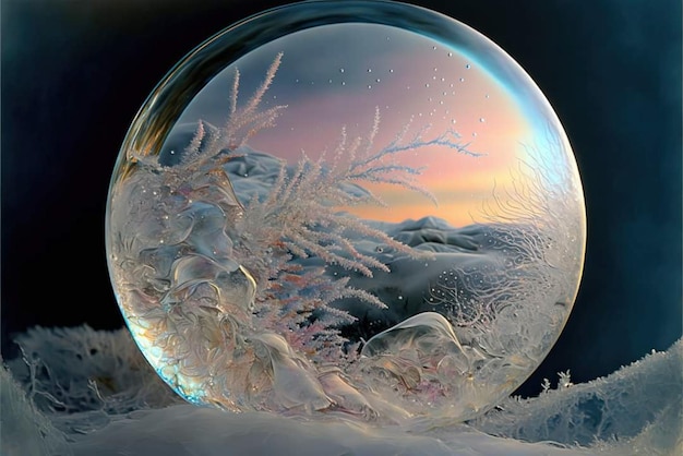 Uma bolha congelada com o sol brilhando sobre ela
