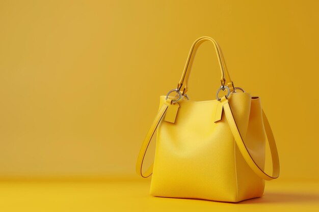 Uma bolsa amarela com uma alça de cadeia de ouro senta-se em um fundo amarelo