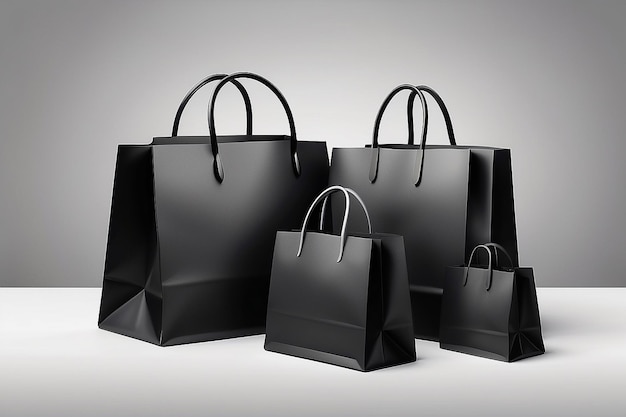 Uma bolsa de compras preta sem fitas de tamanhos diferentes em um fundo de luxo cinza