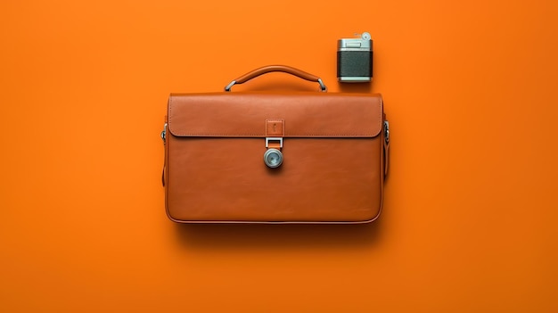 Uma bolsa de couro marrom ao lado de um pequeno telefone em um fundo laranja.