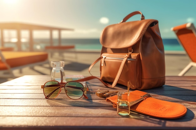 Uma bolsa de couro marrom, óculos e um livro estão sobre uma mesa de madeira.