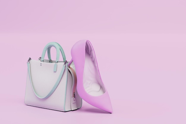 Uma bolsa de mulher branca e um sapato de salto rosa saindo dele em uma renderização 3D de fundo pastel