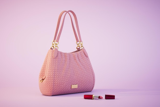 Uma bolsa feminina rosa e batom vermelho em uma renderização 3D de fundo pastel