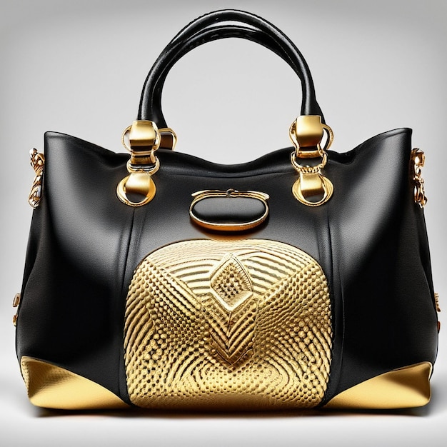 uma bolsa preta e dourada com um desenho dourado na frente.