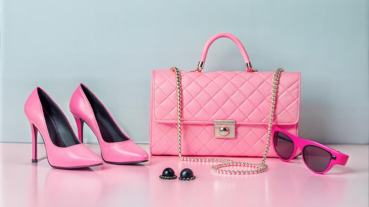 Foto uma bolsa rosa, óculos de sol e saltos cor-de-rosa.