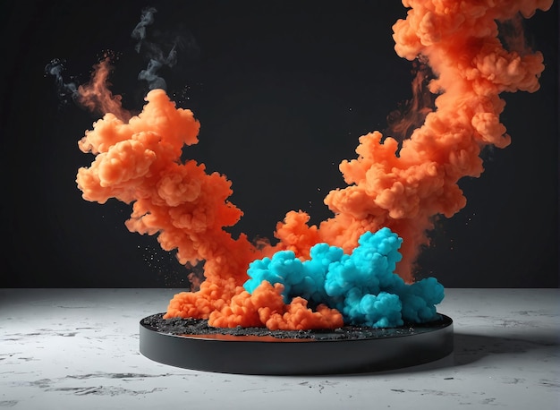 uma bomba de fumaça azul e laranja em um fundo preto