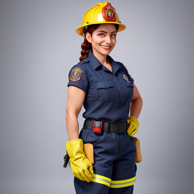 uma bombeira de uniforme e capacete