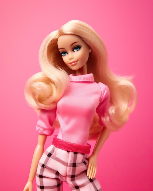 Uma boneca Barbie com cabelo loiro e corpo inteiro em um fundo rosa