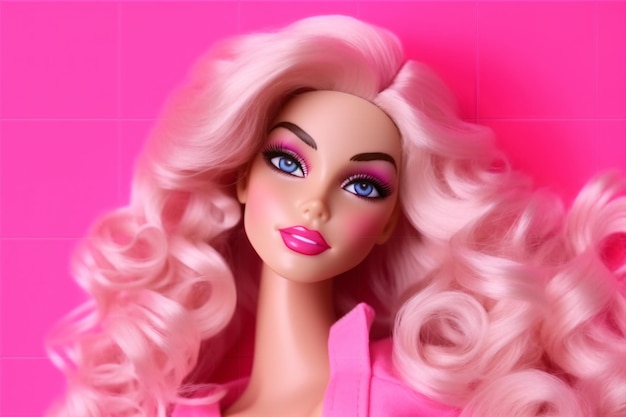 Uma boneca barbie com cabelo rosa e bg sólido rosa