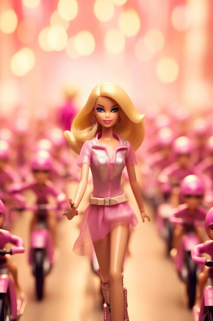 Foto uma boneca barbie com cabelo rosa e um vestido rosa está de pé em uma fila com outras figuras cor-de-rosa.