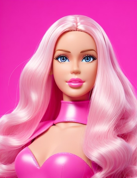 uma boneca barbie com cabelo rosa e uma cabeçada rosa.