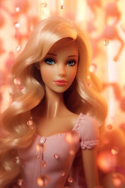 uma boneca Barbie com cabelo rosa e vestido rosa