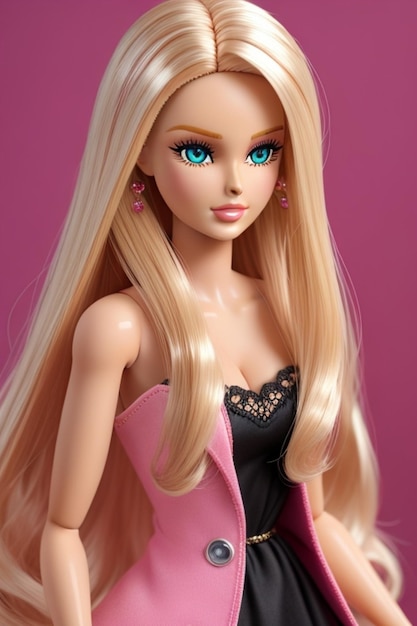 Uma boneca barbie com longos cabelos loiros e um vestido rosa.