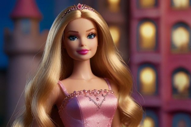 Foto uma boneca barbie com um vestido rosa e um colar de diamantes