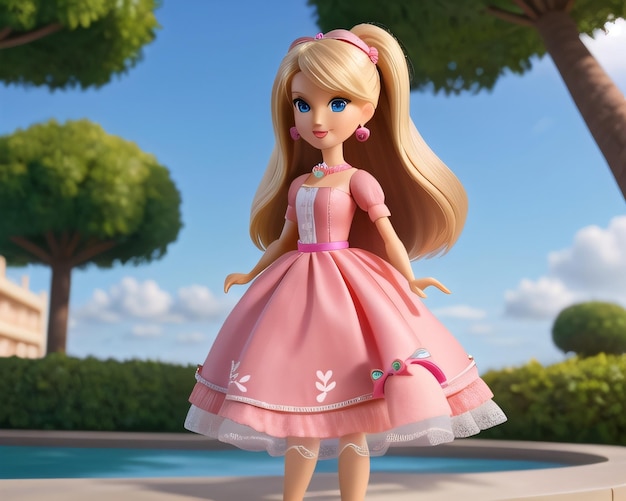 Uma boneca barbie com um vestido rosa e um laço rosa na parte superior.