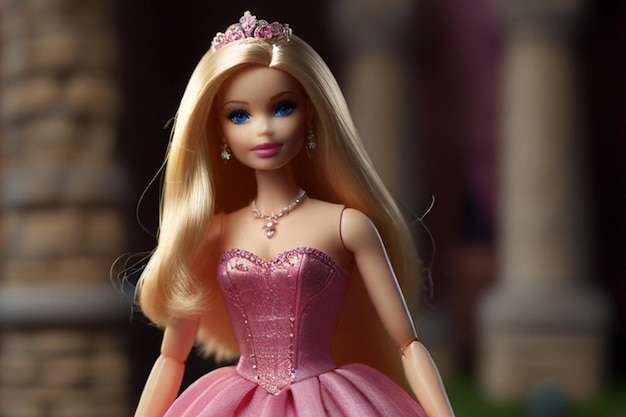 uma boneca Barbie com um vestido rosa e uma tiara