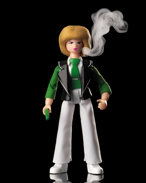 Uma boneca barbie com uma jaqueta verde e calça branca e uma jaqueta preta com a palavra smoke.