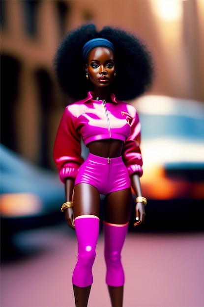 Uma boneca barbie com uma roupa rosa que diz 'menina negra' nela