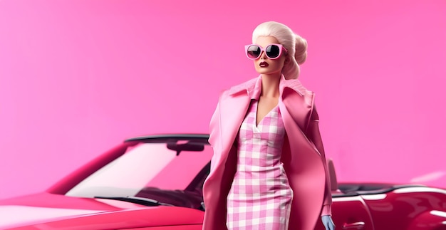 Uma boneca Barbie em fundo rosa isolado com um banner de carro conversível rosa com espaço de cópia
