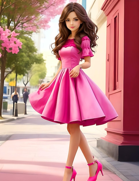 Uma boneca barbie em um vestido rosa