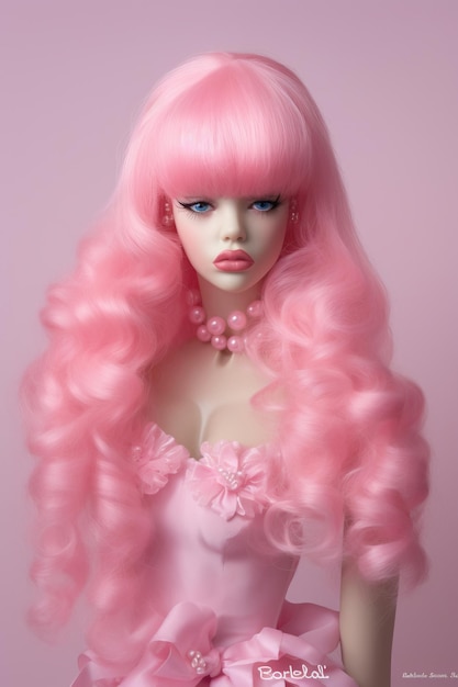 uma boneca com cabelo rosa e cabelo rosa é mostrada.