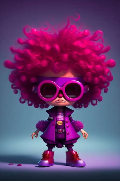 Uma boneca com cabelo rosa e um chapéu roxo com a palavra lol