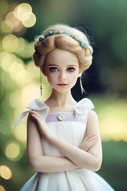 Uma boneca com olhos azuis está na frente de um fundo verde.
