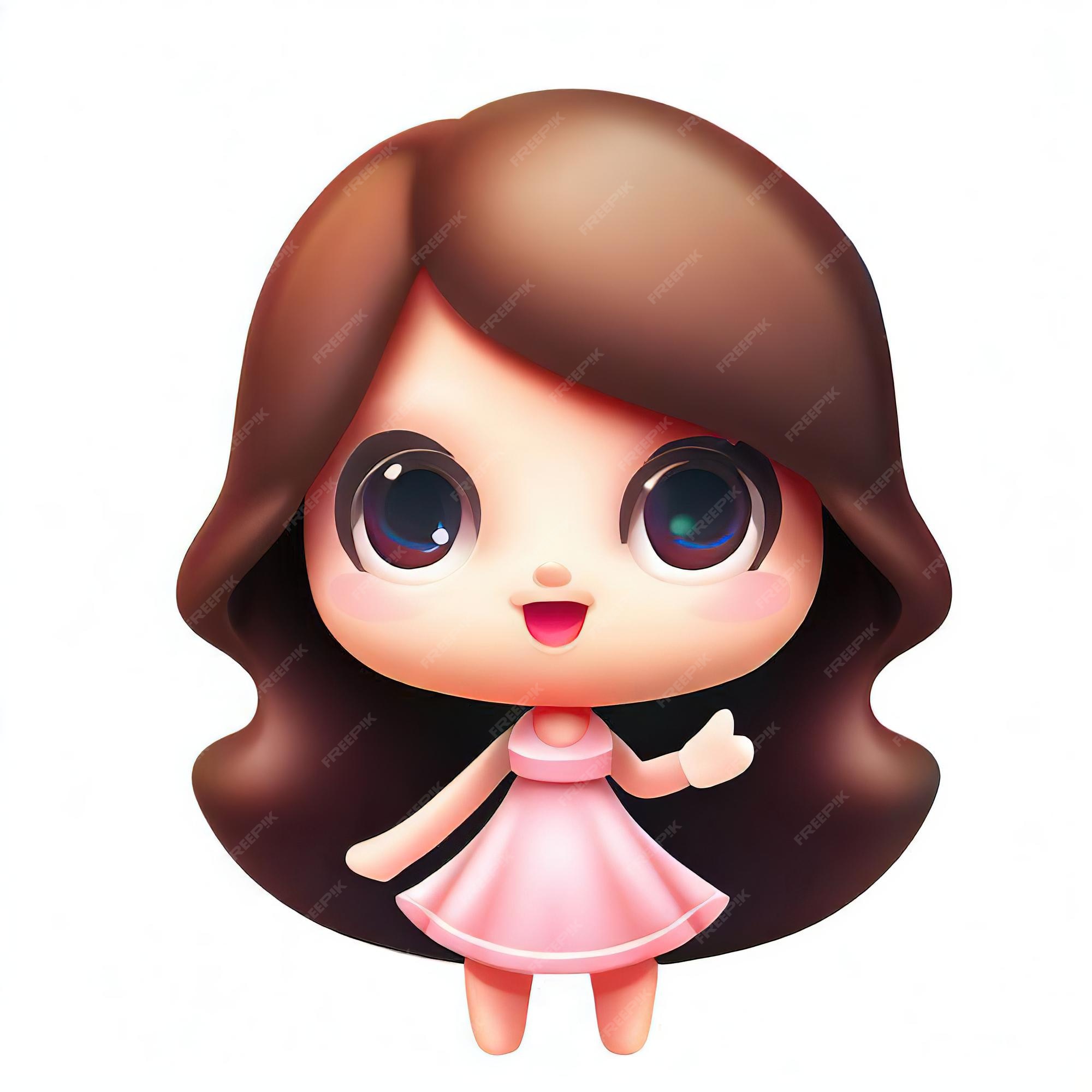 Boneca com olhos grandes e cabelo rosa. personagem de desenho animado.