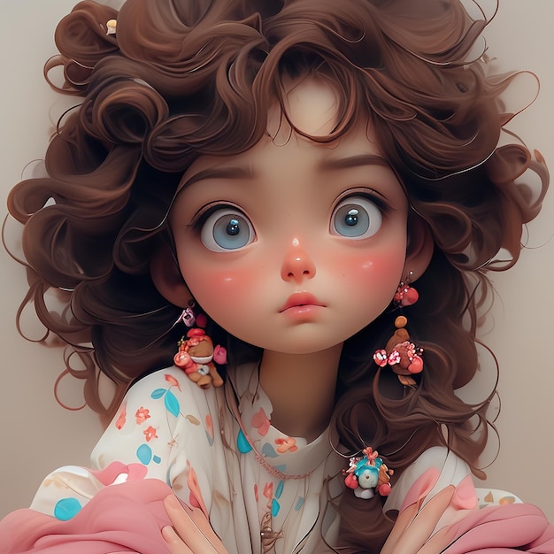 Boneca com olhos grandes e cabelo rosa. personagem de desenho animado.