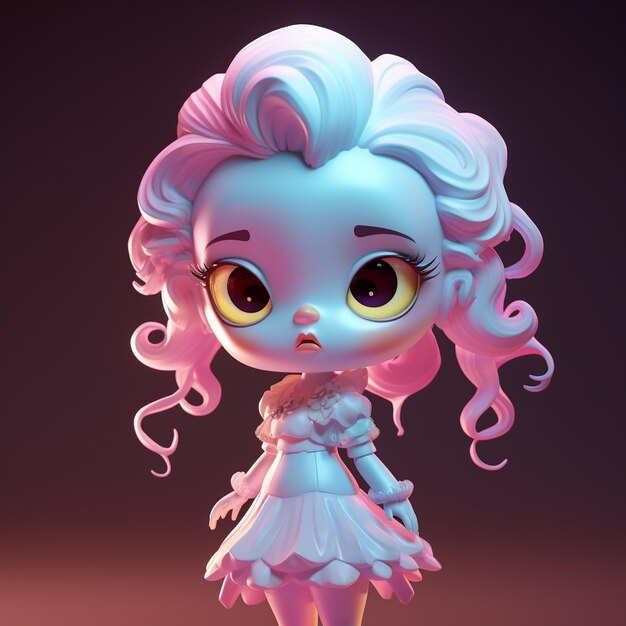 uma boneca com rosto azul e cabelo rosa.