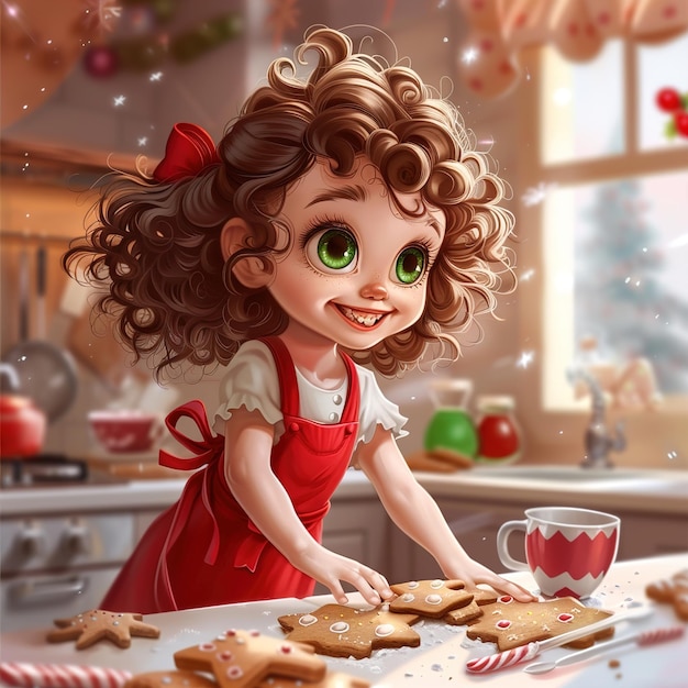 uma boneca com um avental vermelho e uma chávena de café com um coração de pão de gengibre