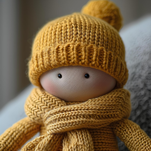 Uma boneca com um chapéu de tricô amarelo e um lenço em um sofá com um travesseiro cinza atrás dele e um traveseiro cinza