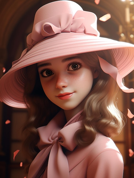 Uma boneca com um chapéu rosa e um laço rosa.