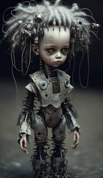 Uma boneca com um cocar e uma cabeça grande que diz 'a palavra robô'