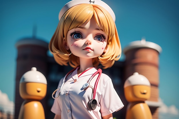 Uma boneca com um estetoscópio na cabeça está em frente a um prédio de tijolos.