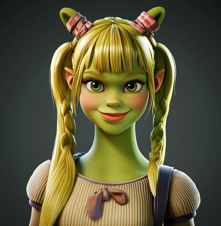 Foto uma boneca com um rosto verde e um laço no cabelo